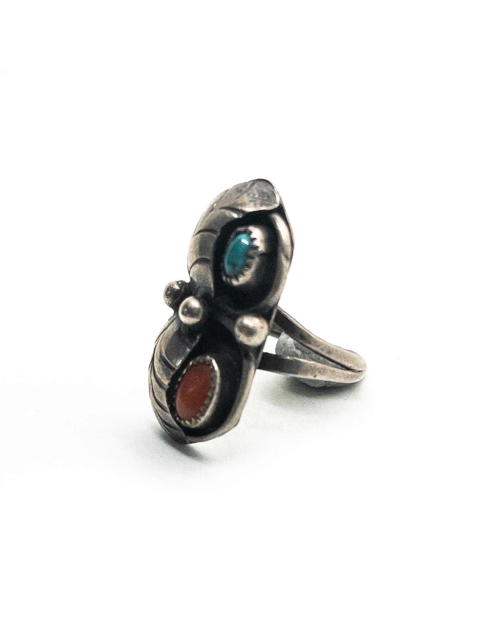 Navajo Turquoise & Coral Leaf & Ball Ring