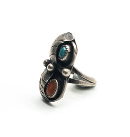 Navajo Turquoise & Coral Leaf & Ball Ring