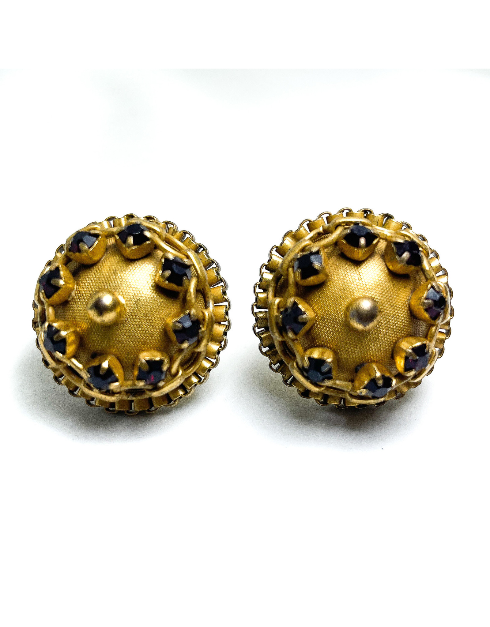 Hobe et Cie. Round Gold-Color Chain Clip Earrings Studded with Garnet-Color Rhinestones