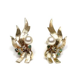 14K Gold Sheaves Earrings with Pearls and Emeralds