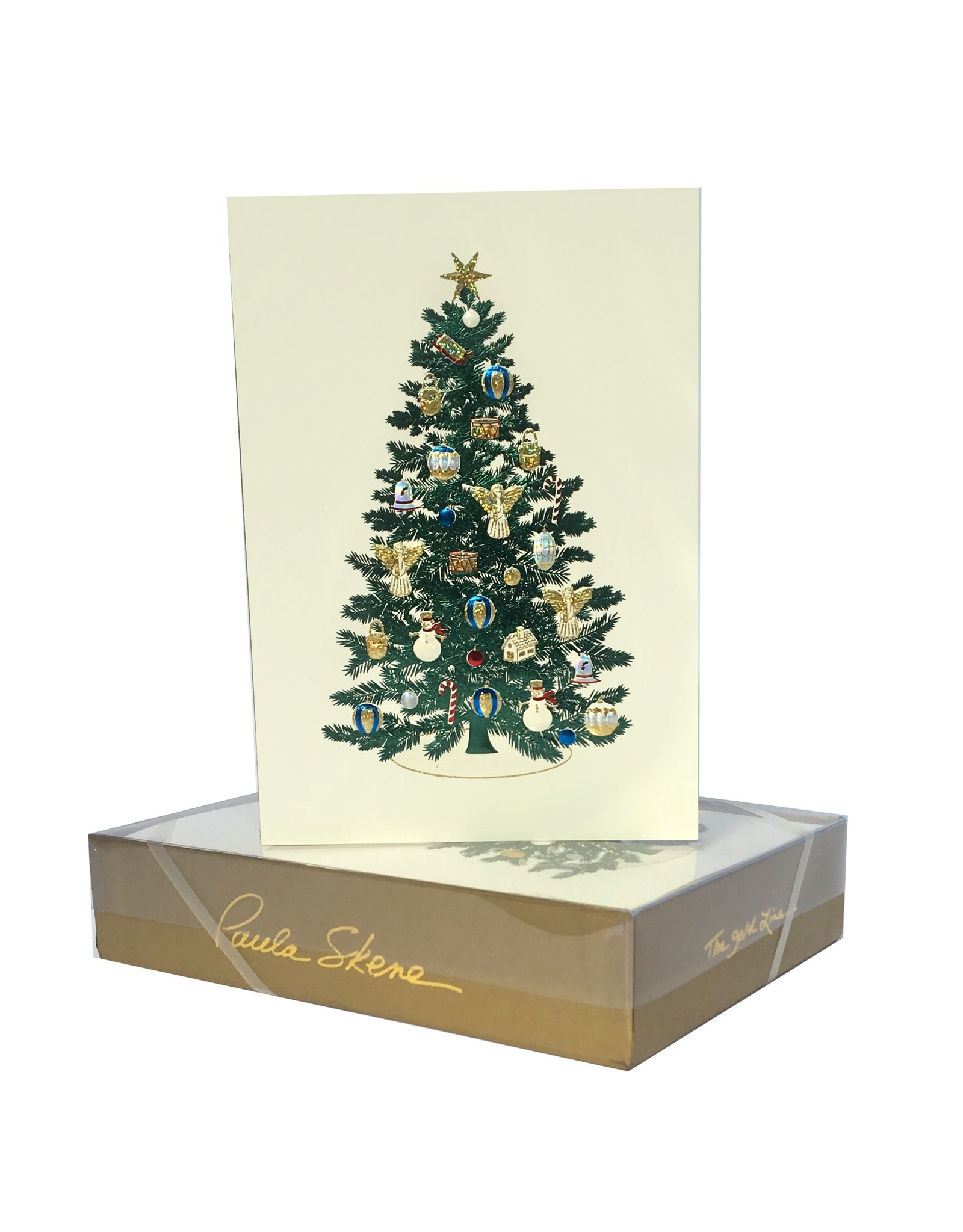 Paula Skene Designs Tree With Ornaments on Gold Christmas Box of 8 Notecard