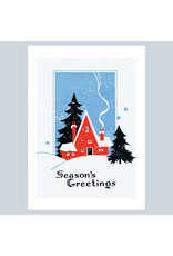 Laughing Elephant Red Cottage in Deep Snow A7 Christmas Notecard
