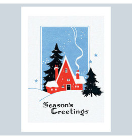Laughing Elephant Red Cottage in Deep Snow A7 Christmas Notecard