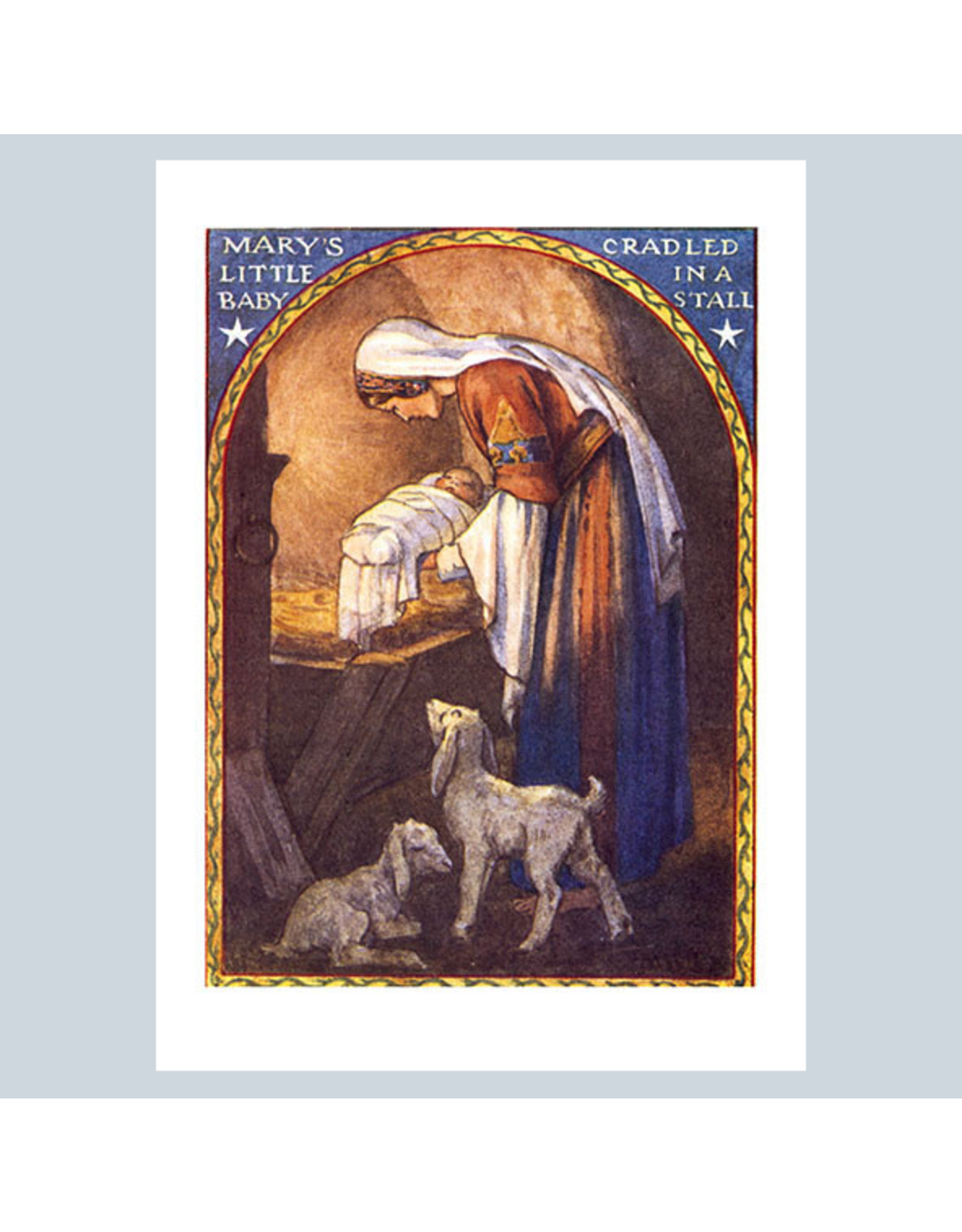 Laughing Elephant Mary Laying Jesus in the Manger A7 Christmas Notecard