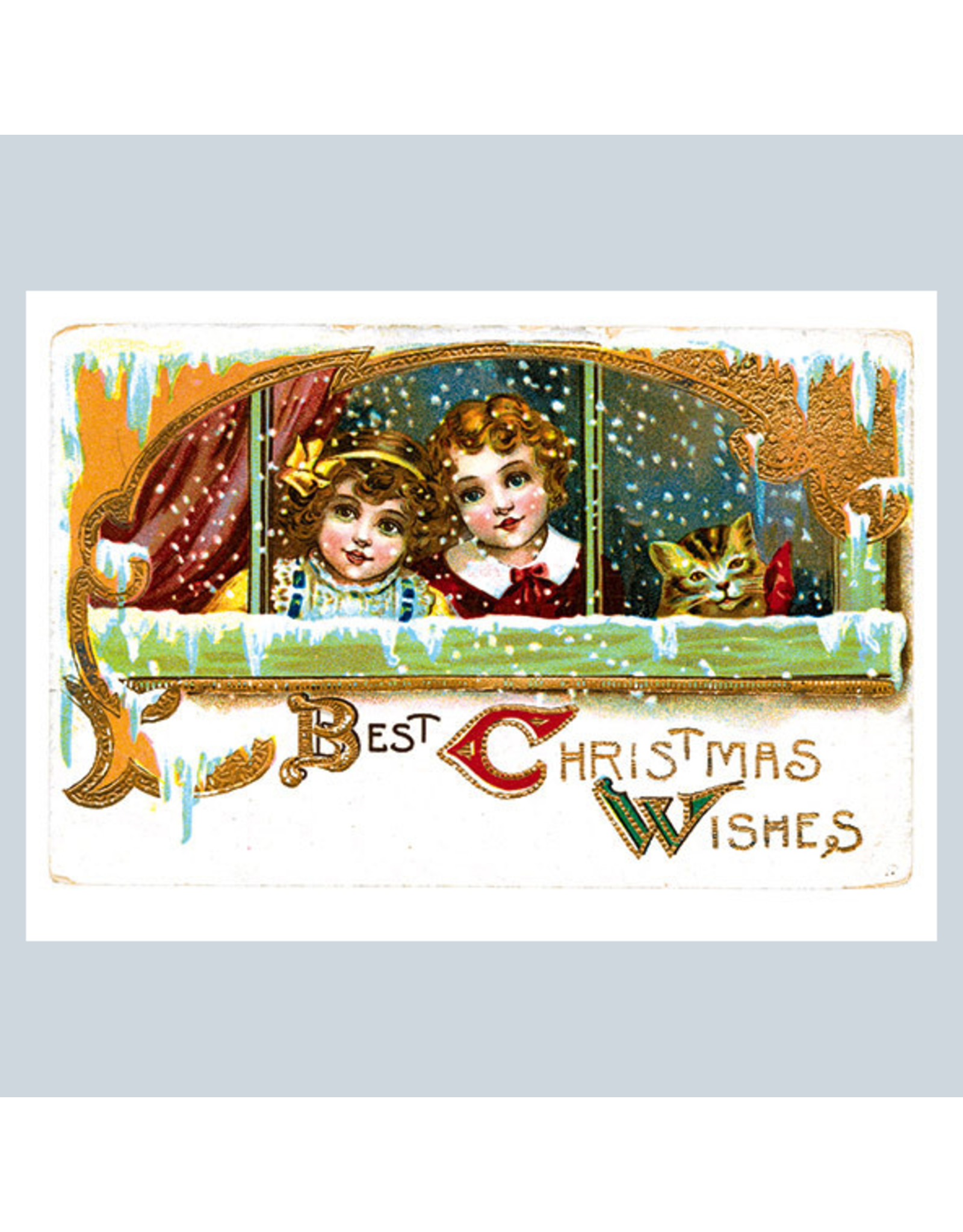 Laughing Elephant Two Girls and Their Cat at a Snowy Window A7 Christmas Notecard
