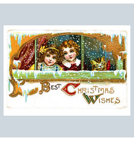 Laughing Elephant Two Girls and Their Cat at a Snowy Window A7 Christmas Notecard