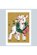 Laughing Elephant Lamb Wearing Wreath A7 Christmas Notecard
