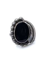 Mexican Sterling Leaf With Onyx Ring Adjustable Size