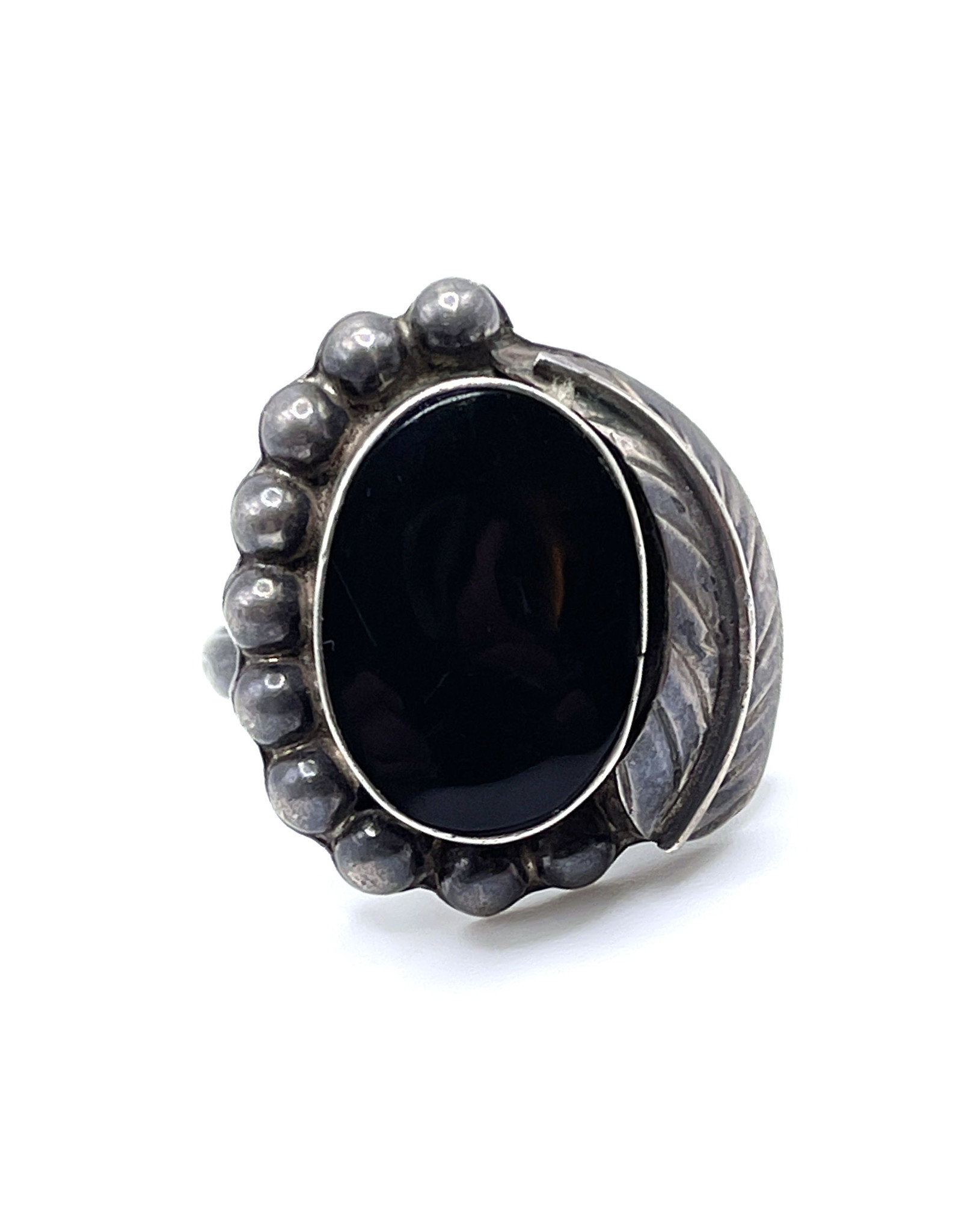 Mexican Sterling Leaf With Onyx Ring Adjustable Size