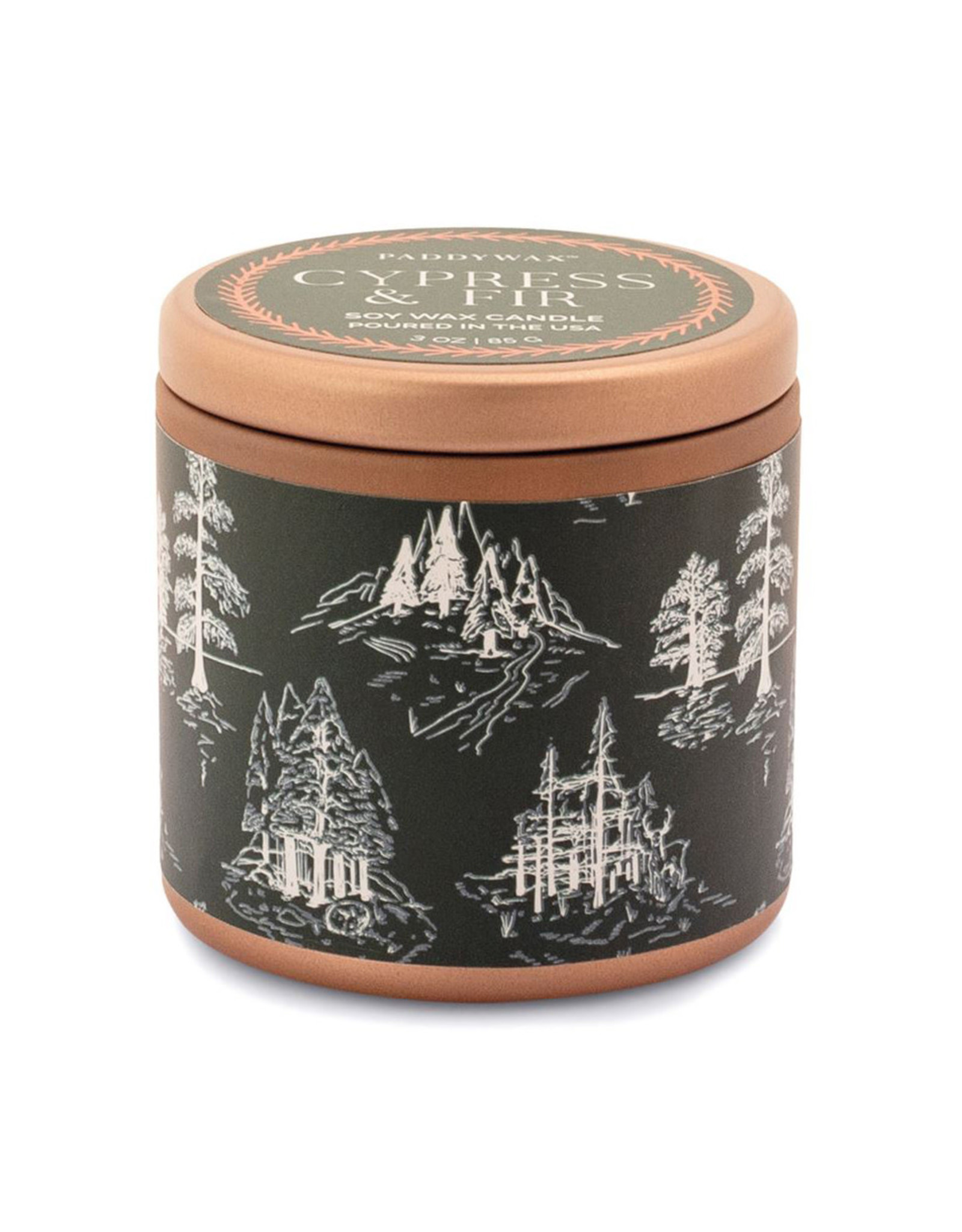 Paddywax Cypress & Fir 3oz Copper Tin Candle + Green Label with White Toile Pattern