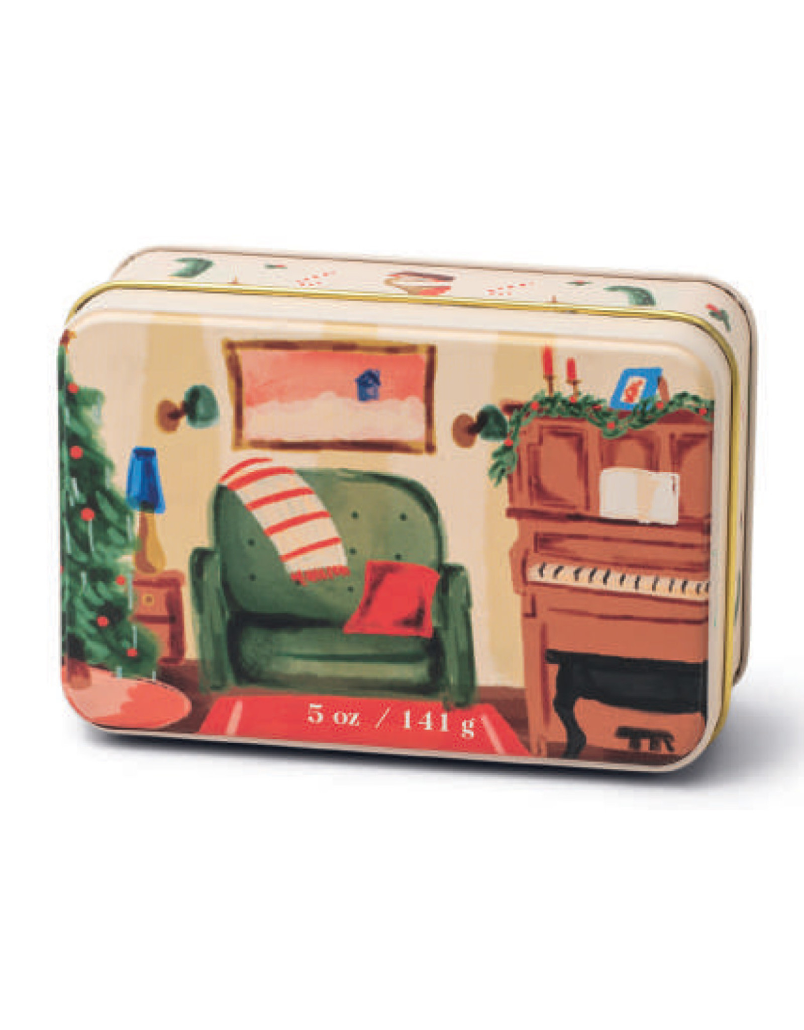 Paddywax Pomegranate Spruce Holiday Tin 5oz Matte Illustrated with Piano Scene