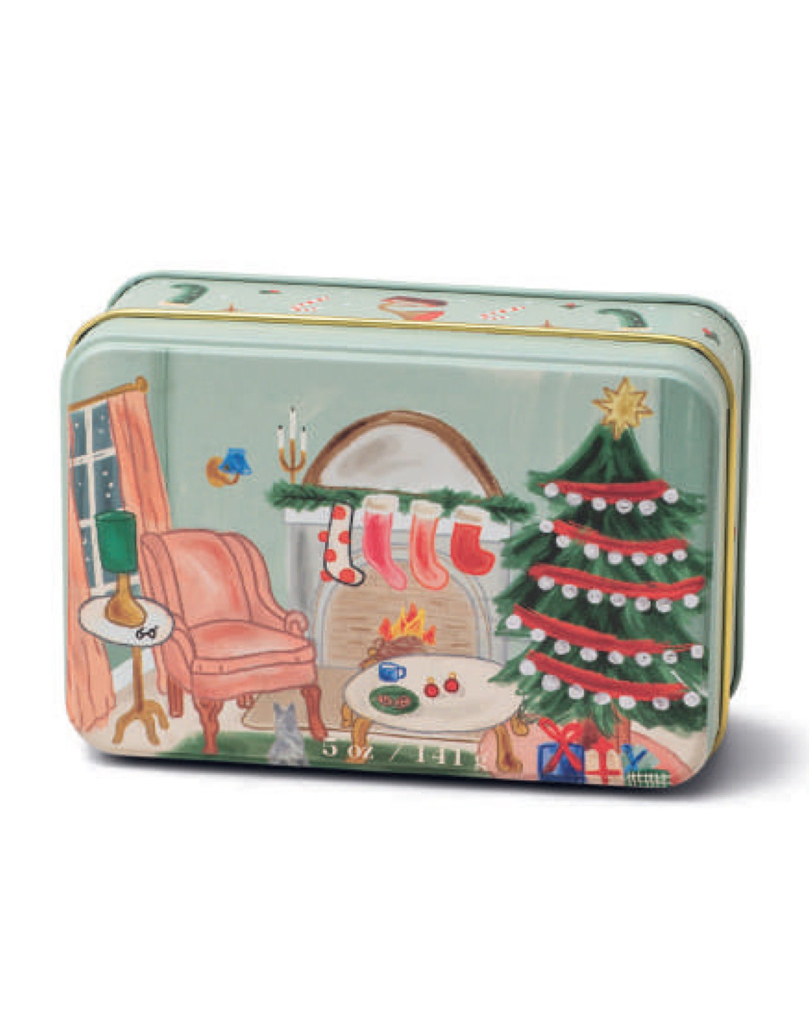 Paddywax Persimmon & Chestnut Holiday Tin 5oz Matte Illustrated with Living Room Scene