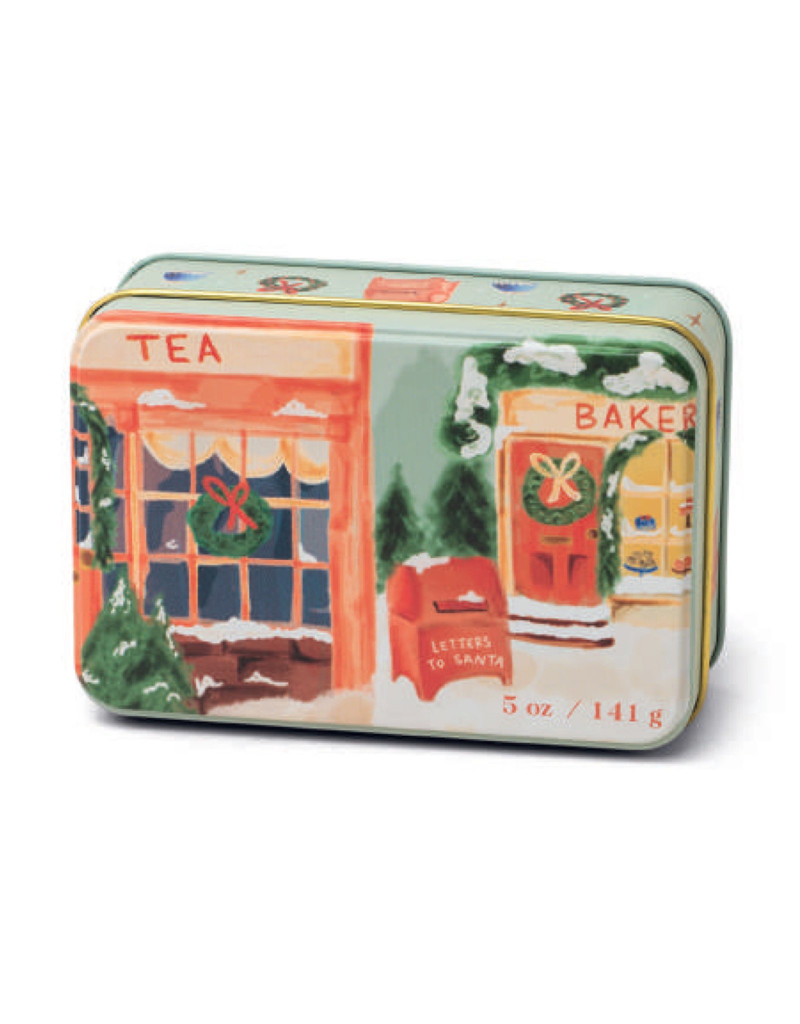 Paddywax Sweet Orange & Fir Holiday Tin 5oz Matte Illustrated Storefront Scene
