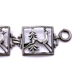 Sterling Deer Leaping in Front of Fir Tree Panel Bracelet