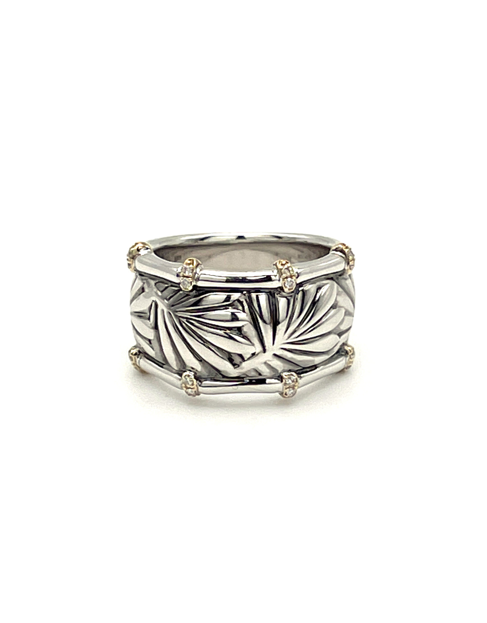 Effy Wide Sterling Fronds Band with 14K Accents & 16 Diamonds Ring Size 6