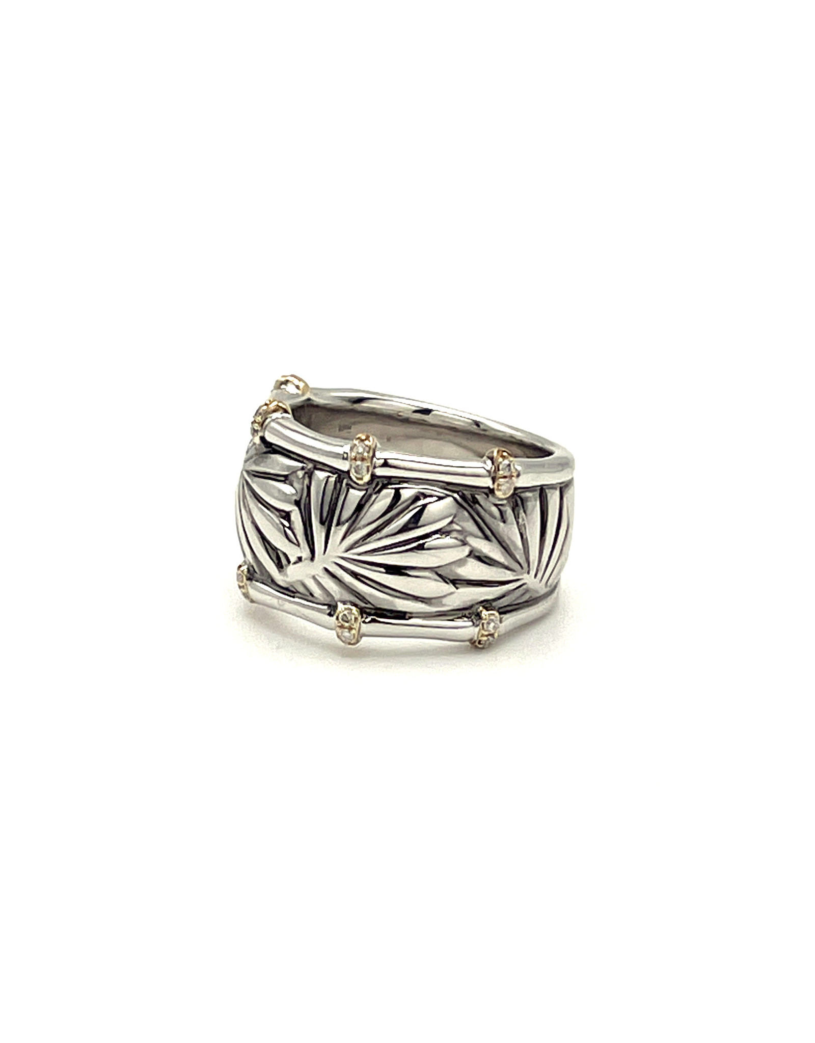 Effy Wide Sterling Fronds Band with 14K Accents & 16 Diamonds Ring Size 6