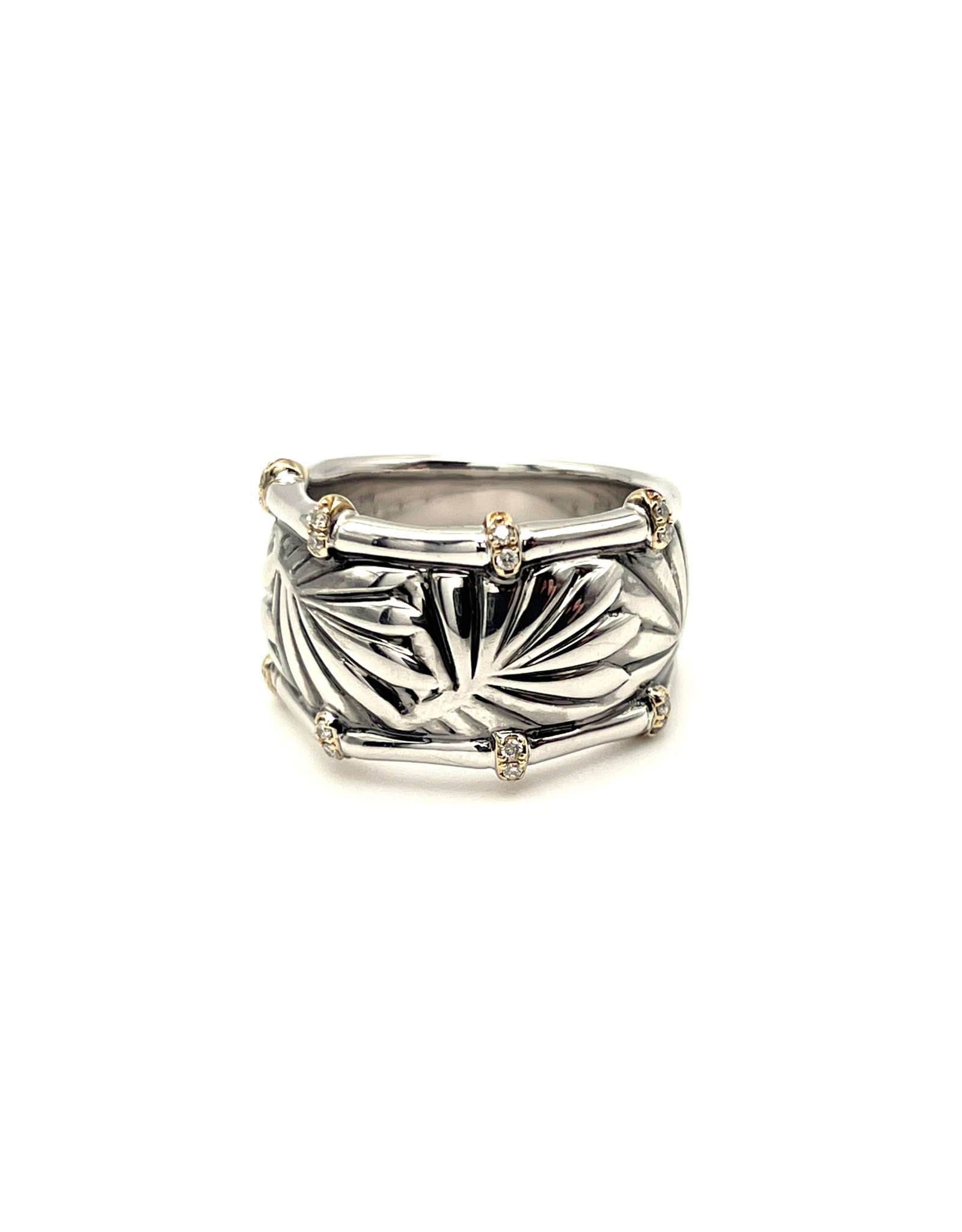 Effy Wide Sterling Fronds Band with 14K Accents & 16 Diamonds Ring Size 6