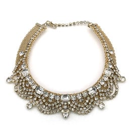 Hattie Carnegie Vintage Gold-Colored Mesh Collar Necklace with Rhinestone Drapes
