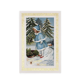 Rossi Hearty Christmas Wishes Girl in Blue Vintage Postcard