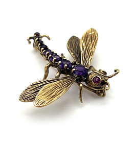 Vintage 14K Gold Dragonfly Brooch with Amethysts and Rubies