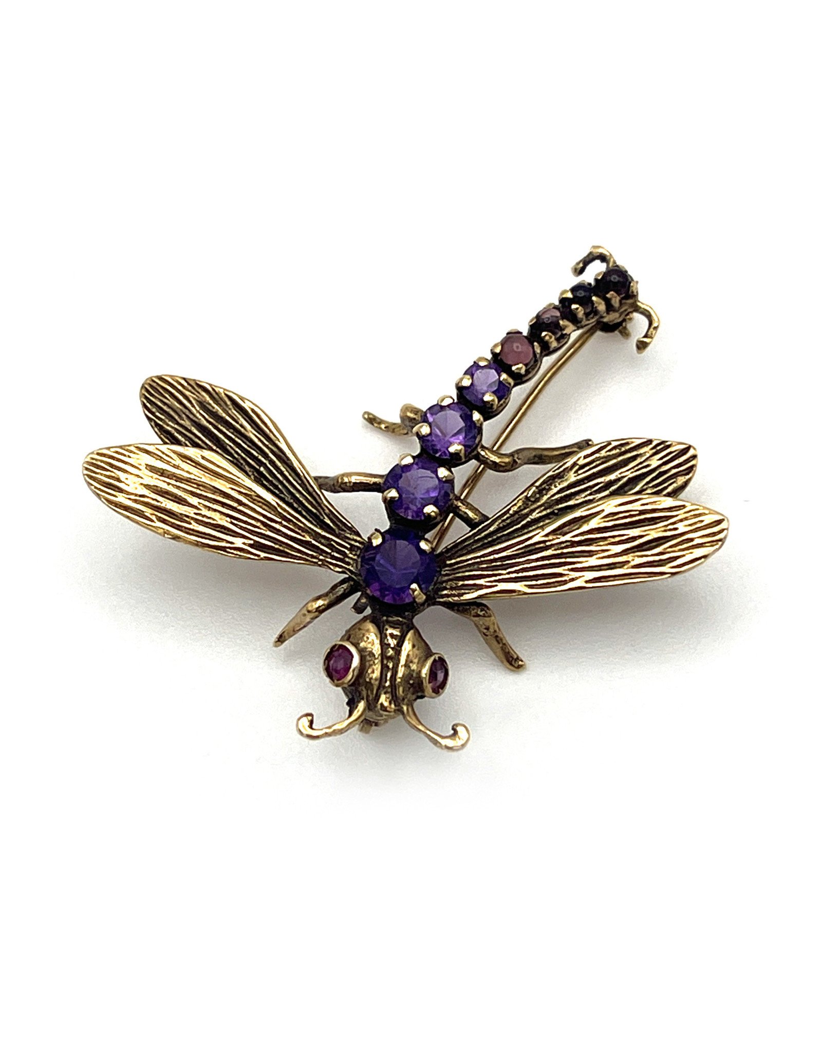 Vintage 14K Gold Dragonfly Brooch with Amethysts and Rubies