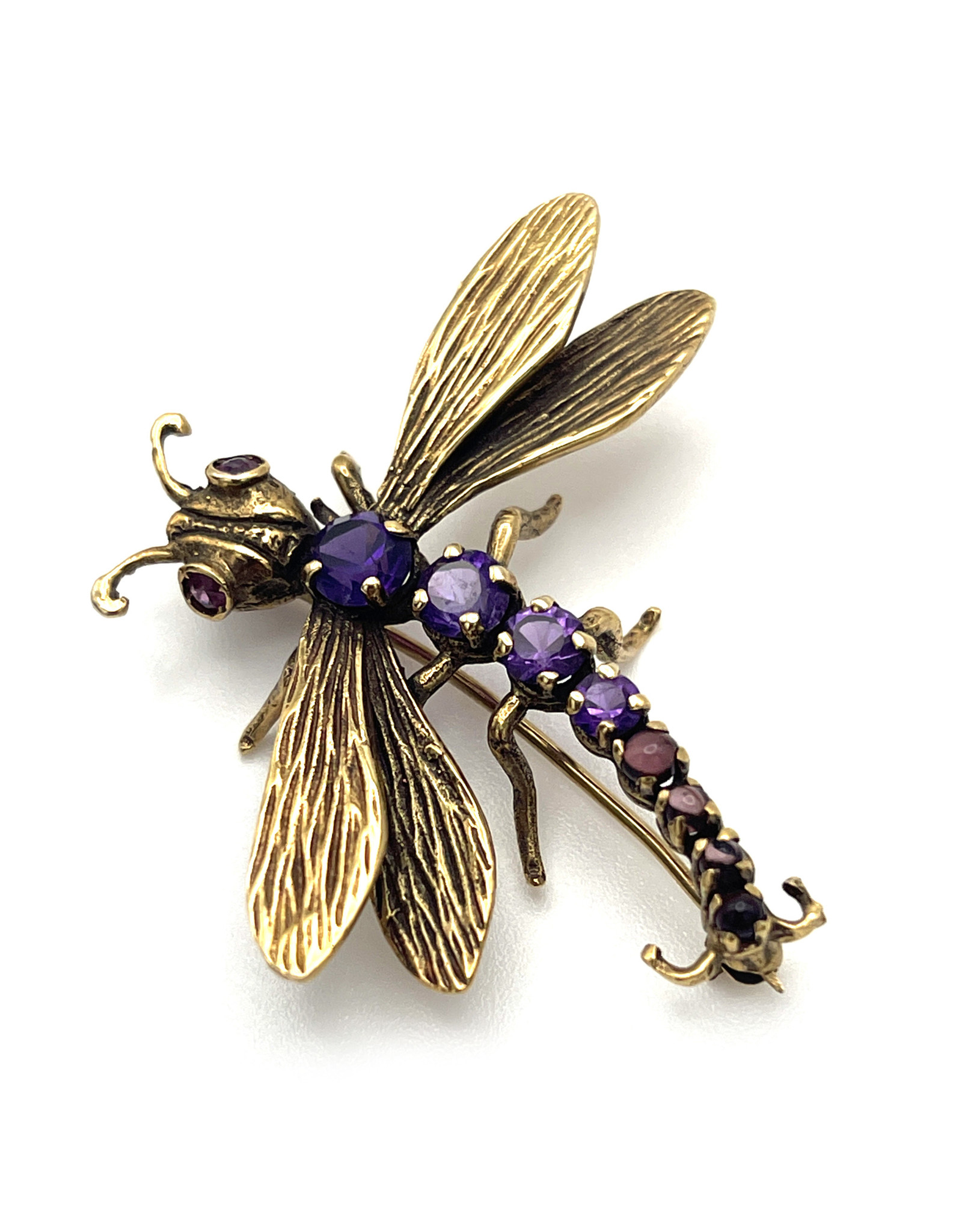 Vintage 14K Gold Dragonfly Brooch with Amethysts and Rubies