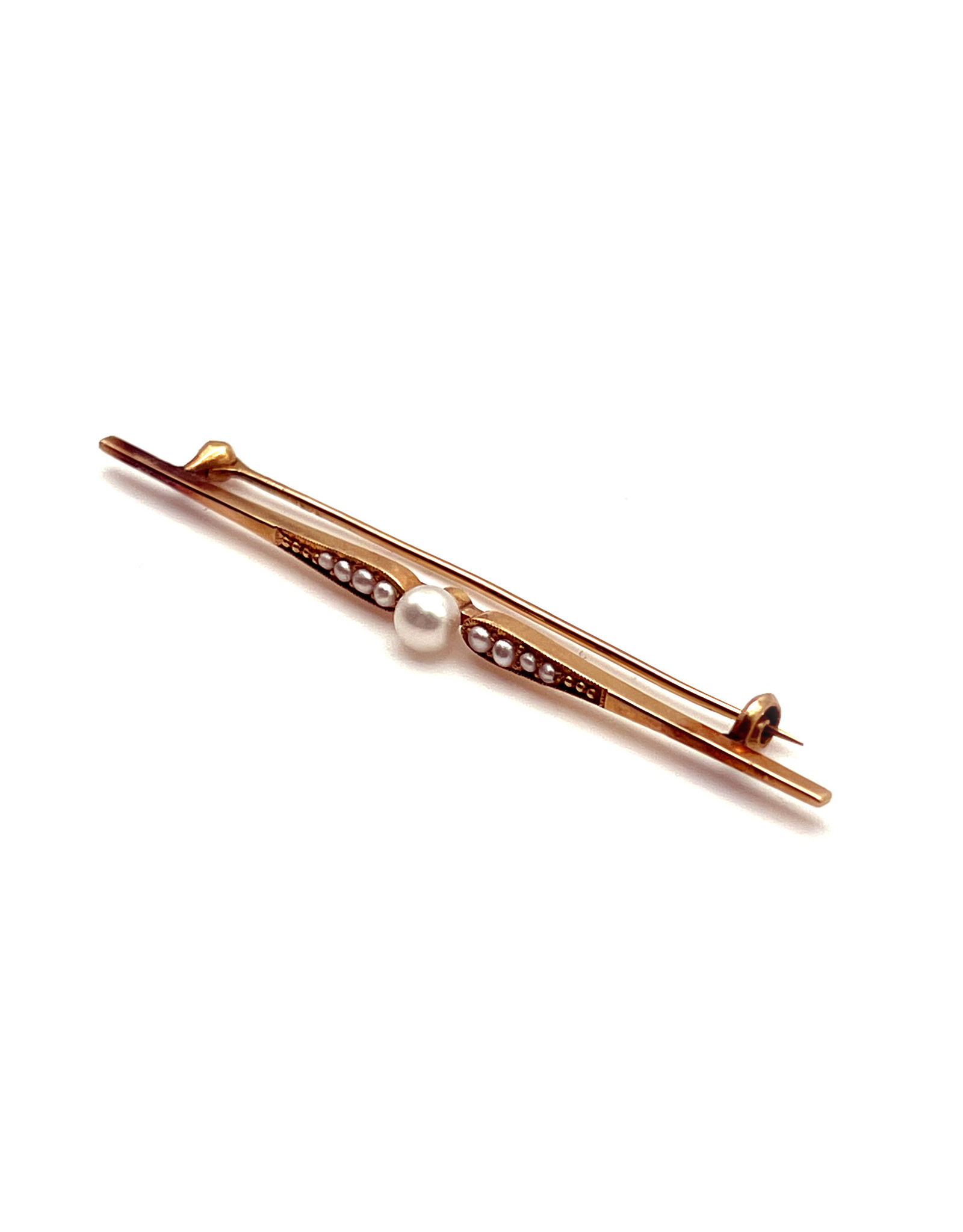 Mikimoto 15K Gold Bar Pin with 1 Medium Pearl and 8 Seed Pearls