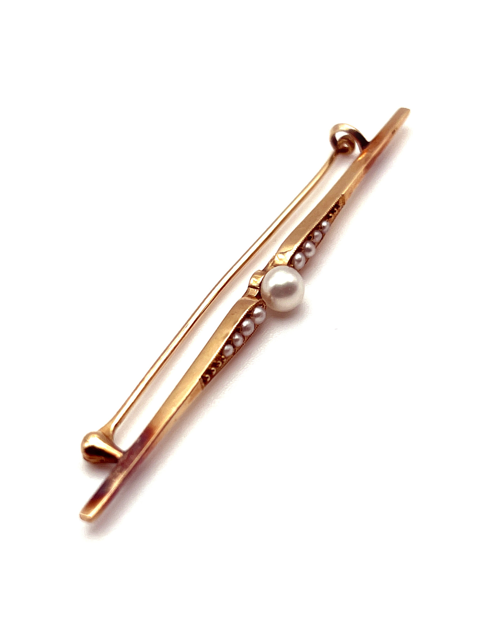 Mikimoto 15K Gold Bar Pin with 1 Medium Pearl and 8 Seed Pearls