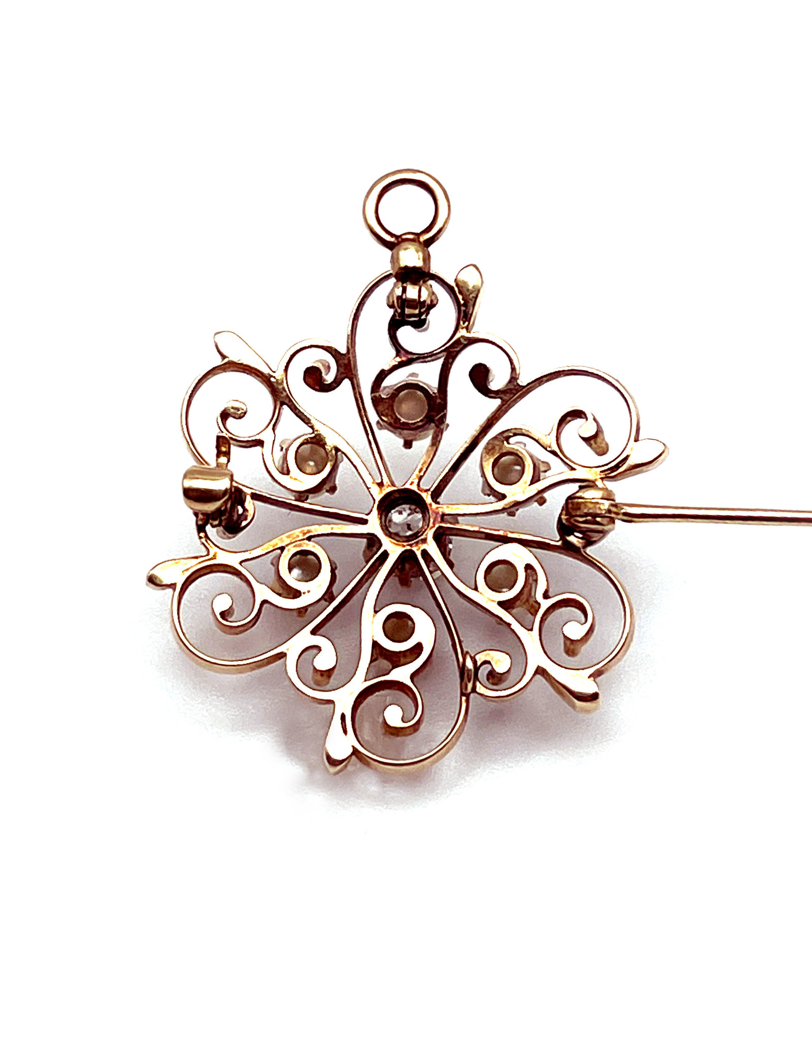 14K Gold Snowflake Brooch with Large Diamond & Pearls