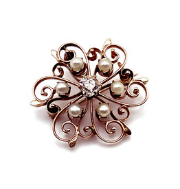 14K Gold Snowflake Brooch with Large Diamond & Pearls