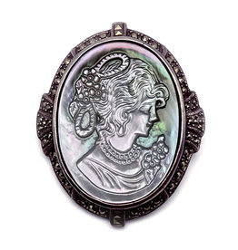 Large Mother of Pearl Cameo Brooch in Marcasite-Studded Sterling