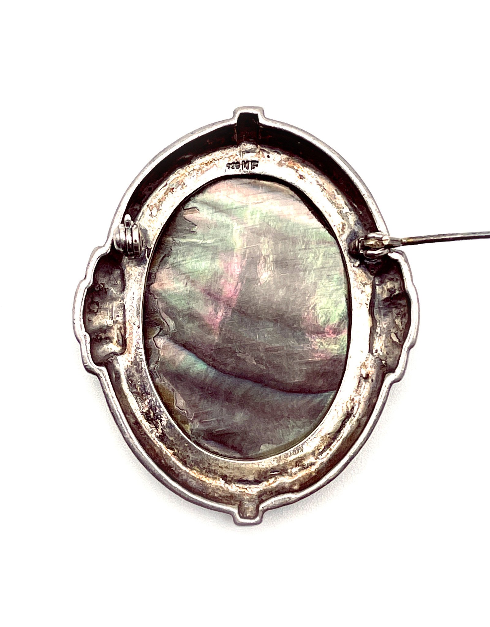 Large Mother of Pearl Cameo Brooch in Marcasite-Studded Sterling