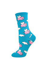 Socksmith Design When Pigs Fly Sky Blue 9-11 Women's Crew Socks