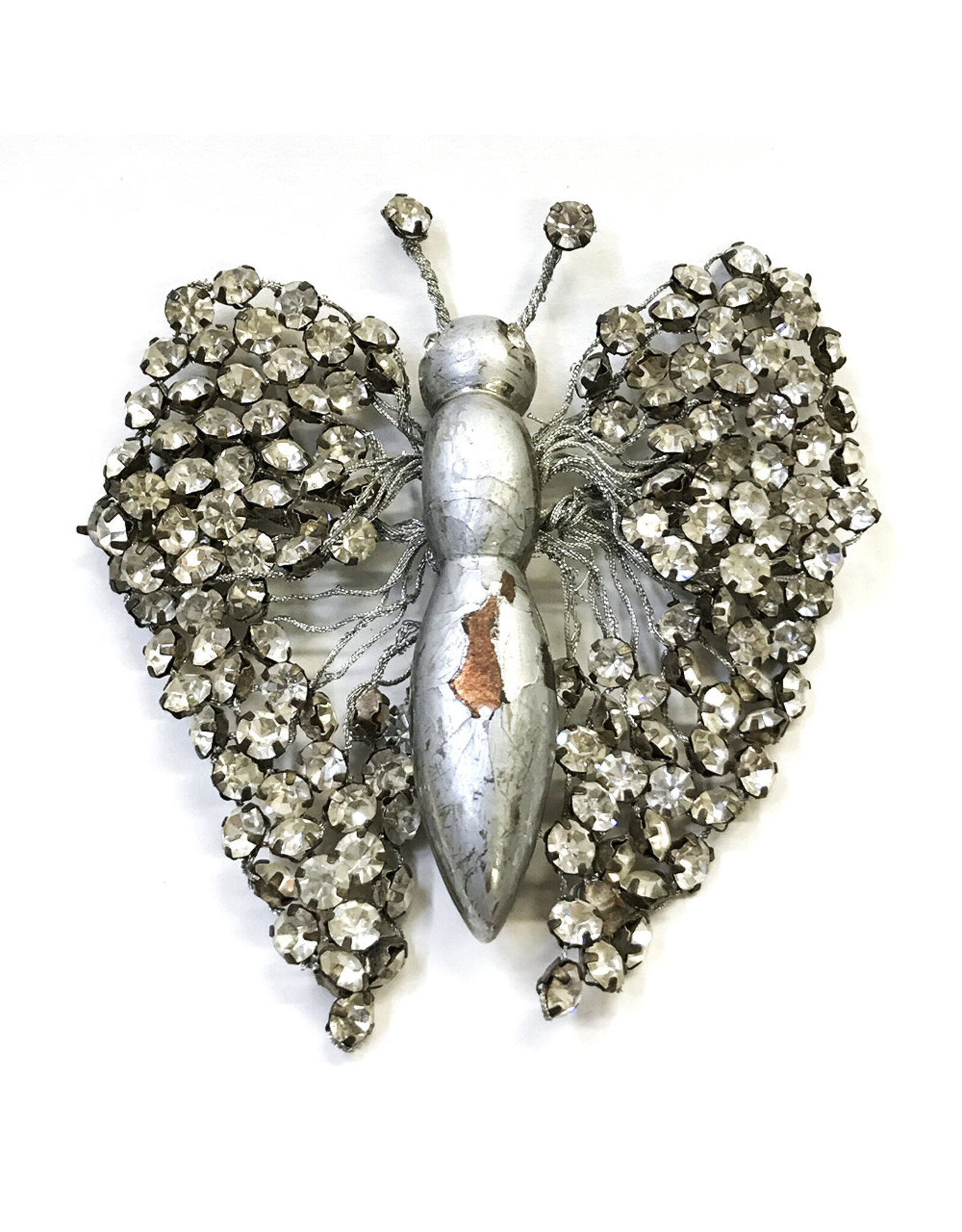 Ugo Correani Rhinestone Silvered Wood Butterfly Brooch