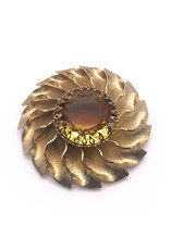 Abstract Gold-Colored Sun Brooch with Large Orange Rhinestone Centerpiece