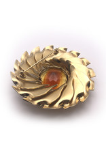 Abstract Gold-Colored Sun Brooch with Large Orange Rhinestone Centerpiece
