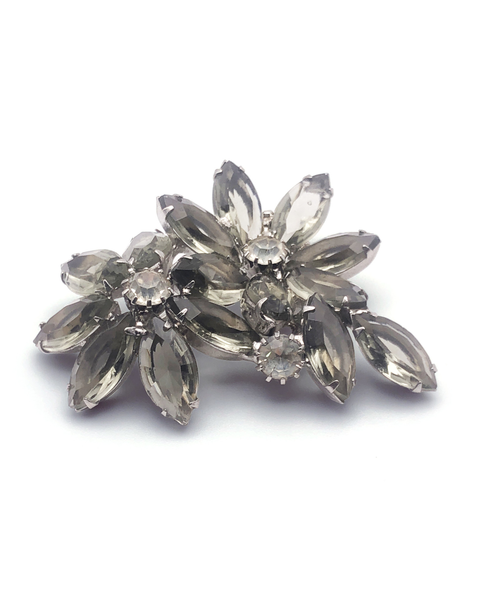 Two Smoky Rhinestone Flowers Brooch