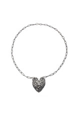 34in. Large Sterling Cornucopia Heart with Cherubs on Chain Necklace