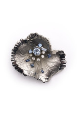 Silver Colored Metal Wavy Flower Brooch with Spray of White & Blue Rhinestones