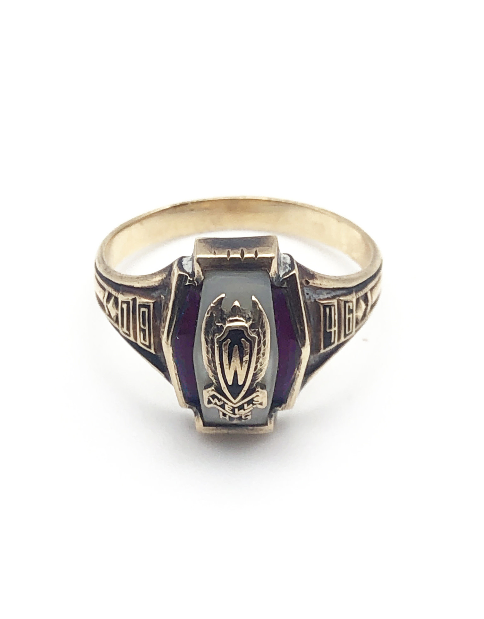 Spies Bros. Size 5½ Vintage Women's 10K Class Ring Wells High School Class of '46 with Mother of Pearl and Rubies