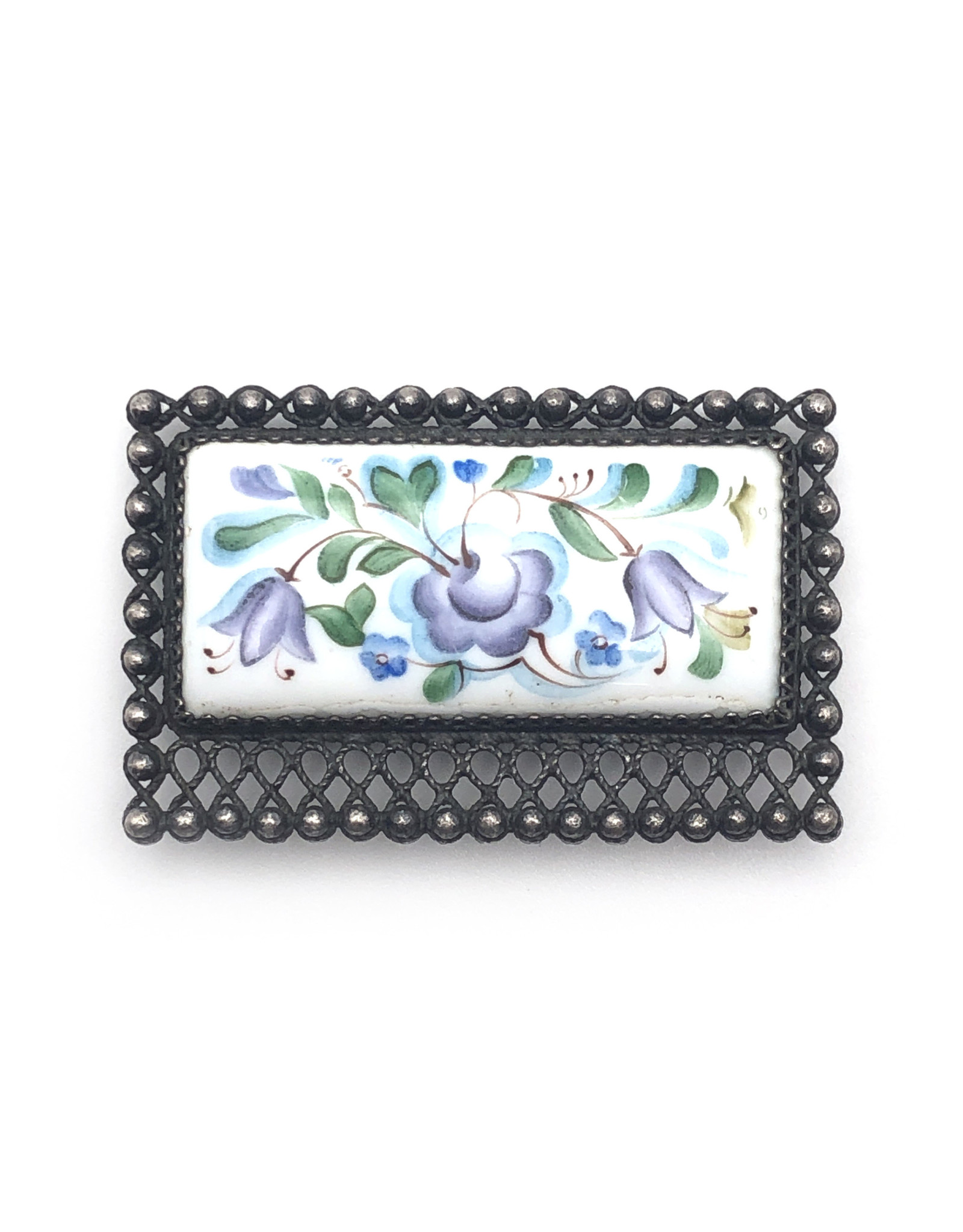 Porcelain Rectangular Brooch with Painted Blue Flowers