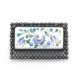 Porcelain Rectangular Brooch with Painted Blue Flowers