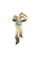 Coro Gold-Colored Blue Rhinestone Ribbon Brooch