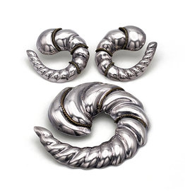 Sterling Silver Shell-Like Spiral Earrings & Brooch