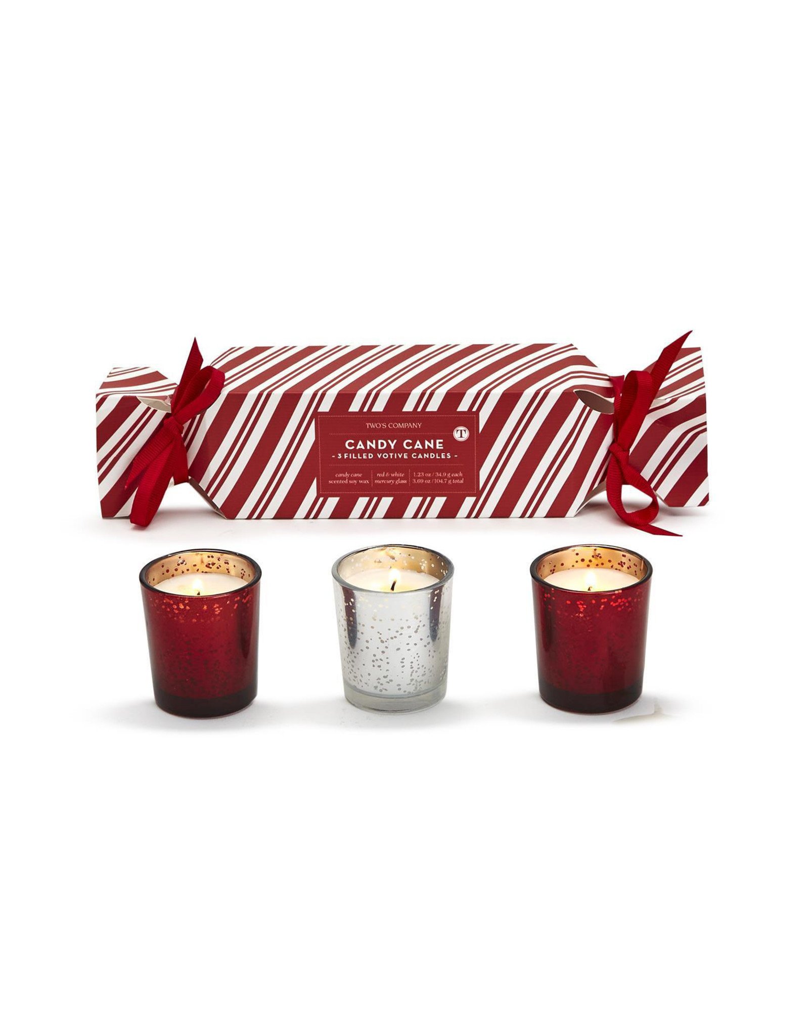 Two's Company Candle Cracker Set of 3 Candy Cane Scented in Reusable Metallic Votive Cups