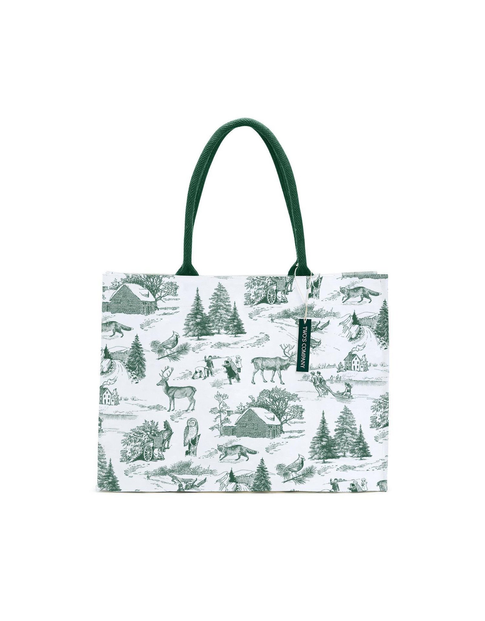 Two's Company Forest Christmas Green Toile Pattern Tote Bag