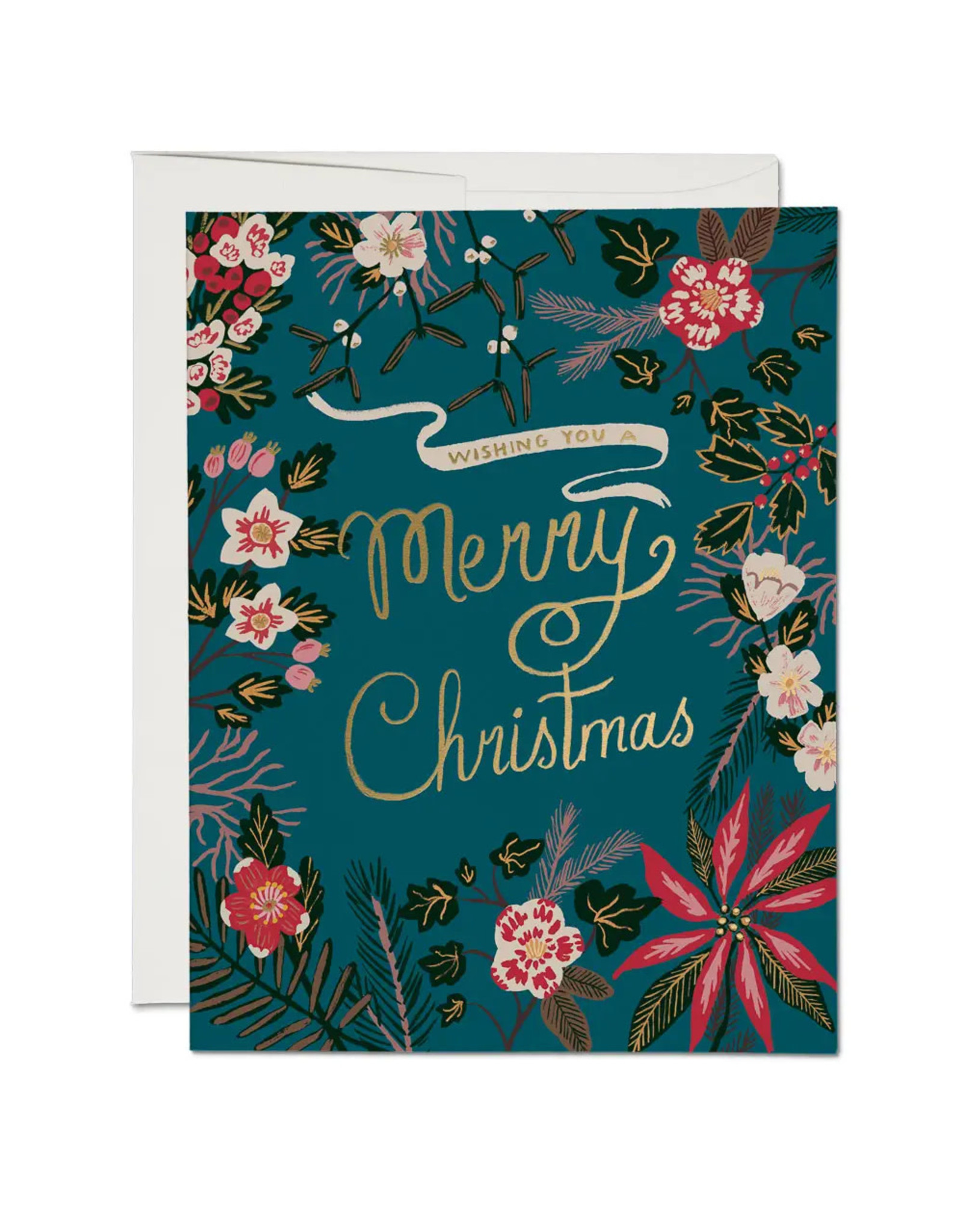 Red Cap Cards Blue Poinsettia Christmas A2 Box of 8 Notecards