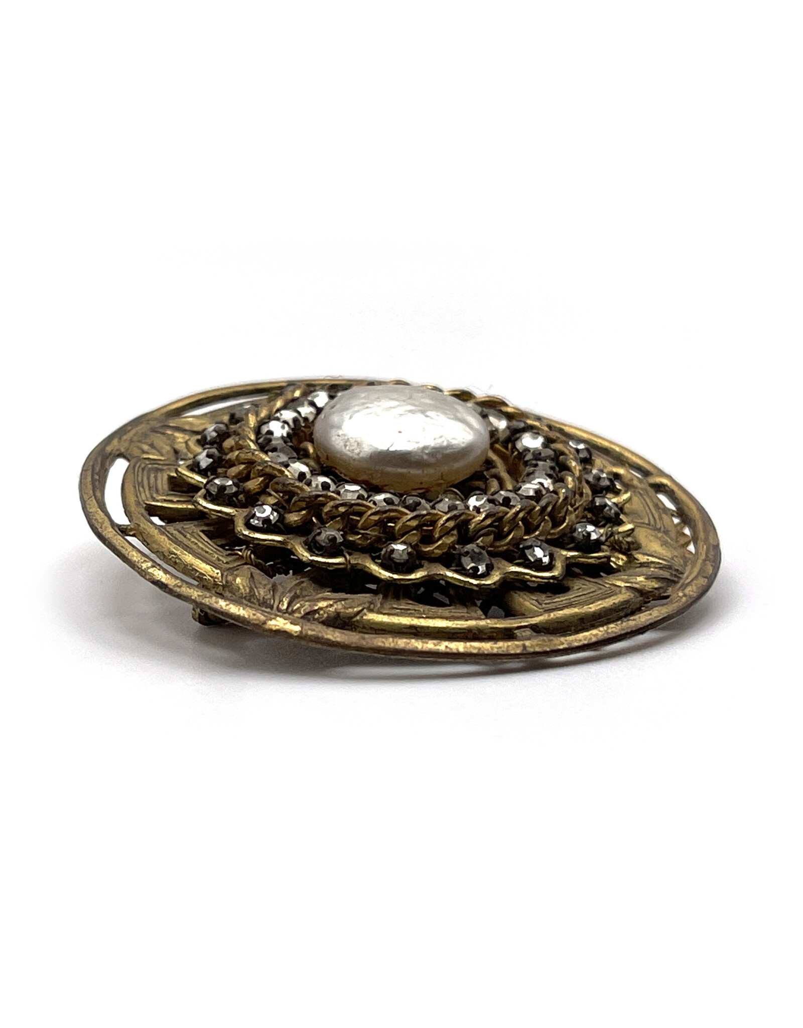 Miriam Haskell Circular Glass Pearl & Rhinestones Brooch