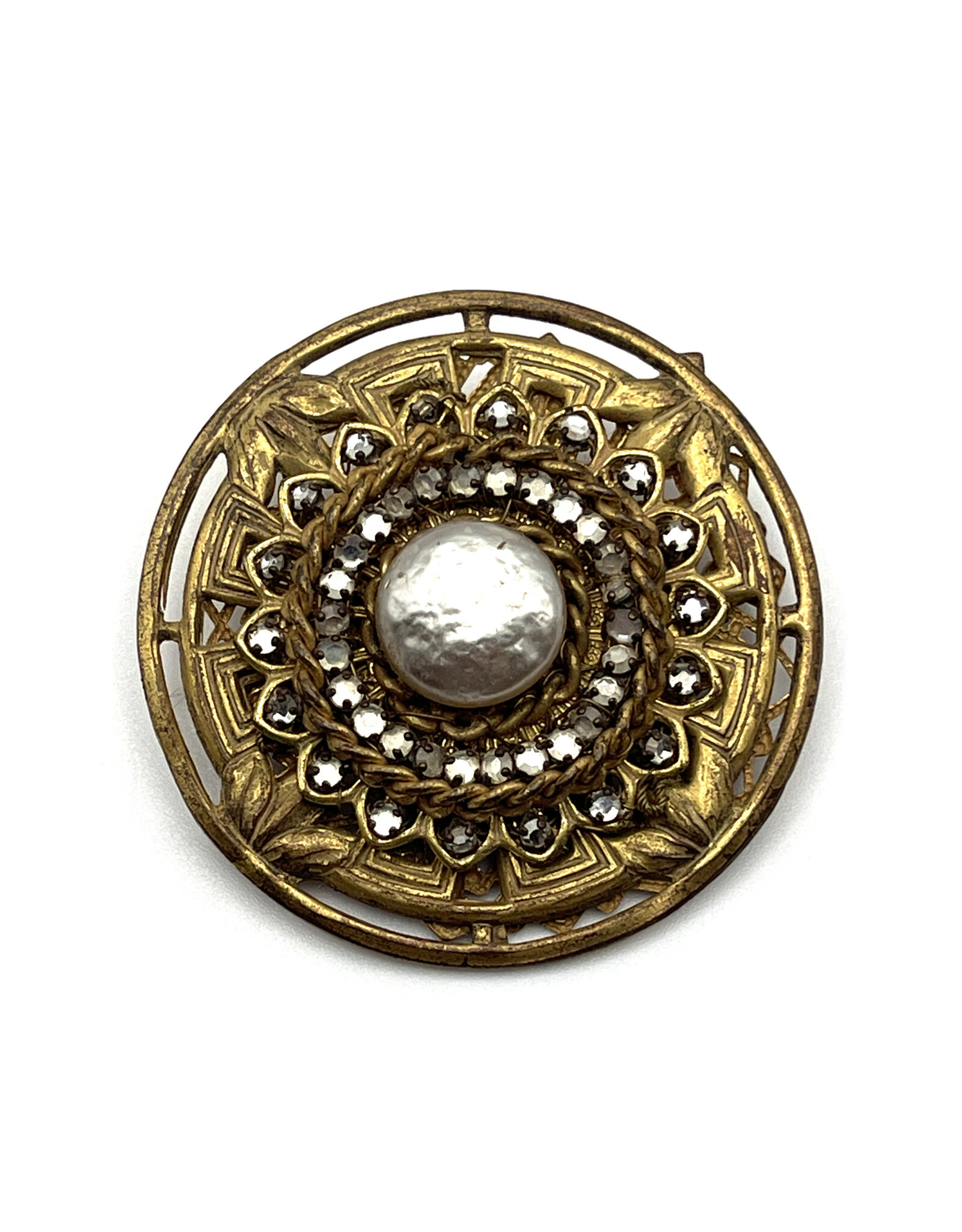 Miriam Haskell Circular Glass Pearl & Rhinestones Brooch