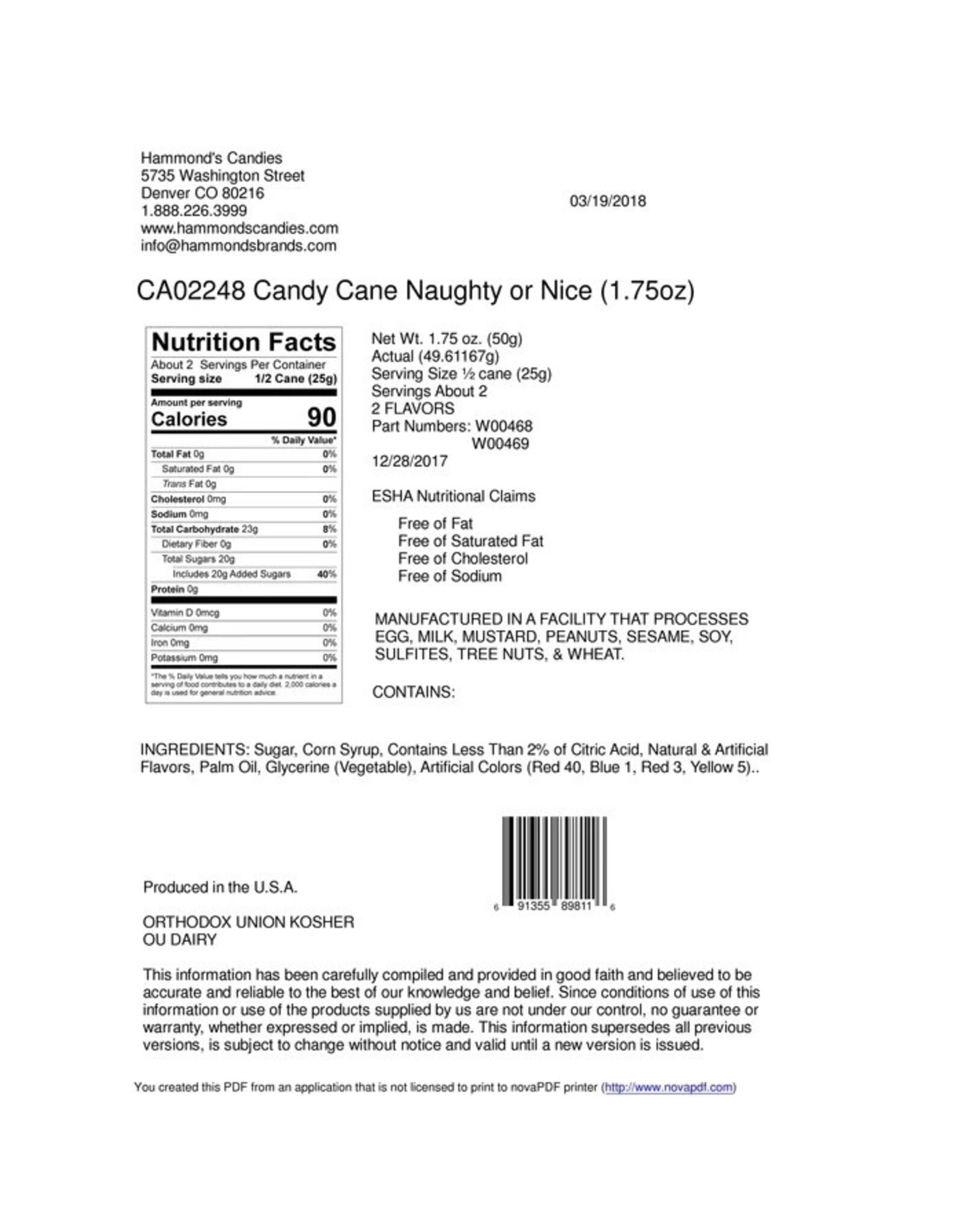 Hammond's Candies 1.75oz Naughty or Nice Candy Cane